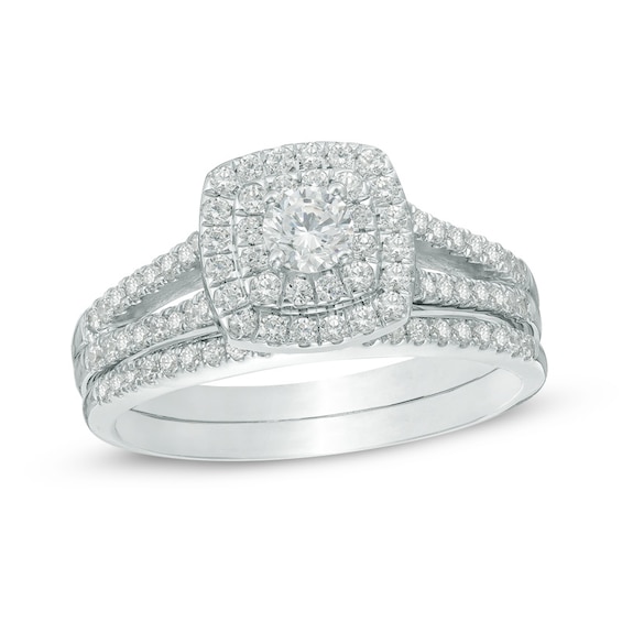 Previously Owned - 3/4 CT. T.w. Diamond Cushion-Shaped Double Frame Split Shank Soldered Bridal Set in 10K White Gold