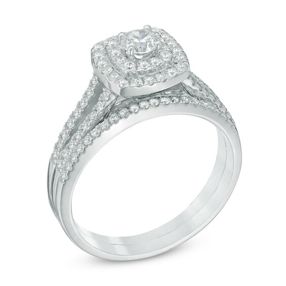 Previously Owned - 3/4 CT. T.w. Diamond Cushion-Shaped Double Frame Split Shank Soldered Bridal Set in 10K White Gold