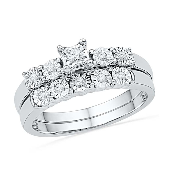 Previously Owned - 1/6 CT. T.w. Diamond Bubble Soldered Bridal Set in Sterling Silver