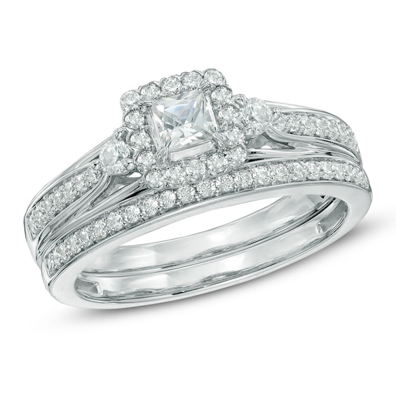 Previously Owned - Celebration Grand® 5/8 CT. T.w. Princess-Cut Diamond Frame Soldered Bridal Set in 14K White Gold
