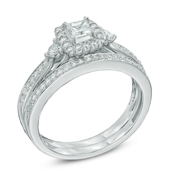 Previously Owned - Celebration Grand® 5/8 CT. T.w. Princess-Cut Diamond Frame Soldered Bridal Set in 14K White Gold