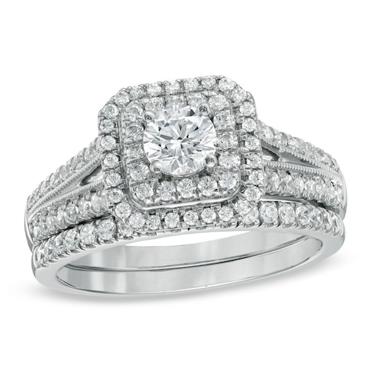 Previously Owned - Celebration Ideal 1 CT. T.w. Diamond Double Frame Soldered Bridal Set in 14K White Gold (I/I1)