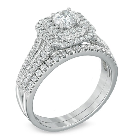 Previously Owned - Celebration Ideal 1 CT. T.w. Diamond Double Frame Soldered Bridal Set in 14K White Gold (I/I1)