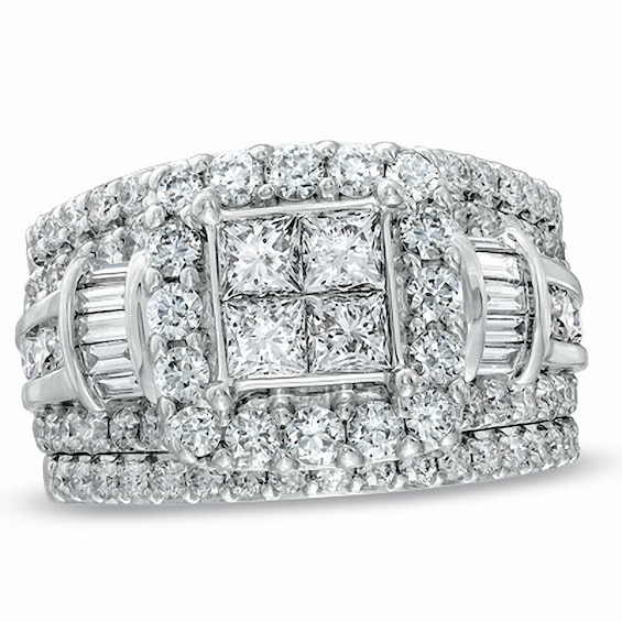 Previously Owned - 3 CT. T.w. Quad Princess-Cut Diamond Three Piece Soldered Bridal Set in 14K White Gold