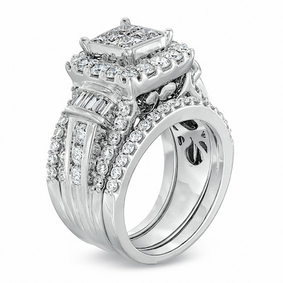 Previously Owned - 3 CT. T.w. Quad Princess-Cut Diamond Three Piece Soldered Bridal Set in 14K White Gold