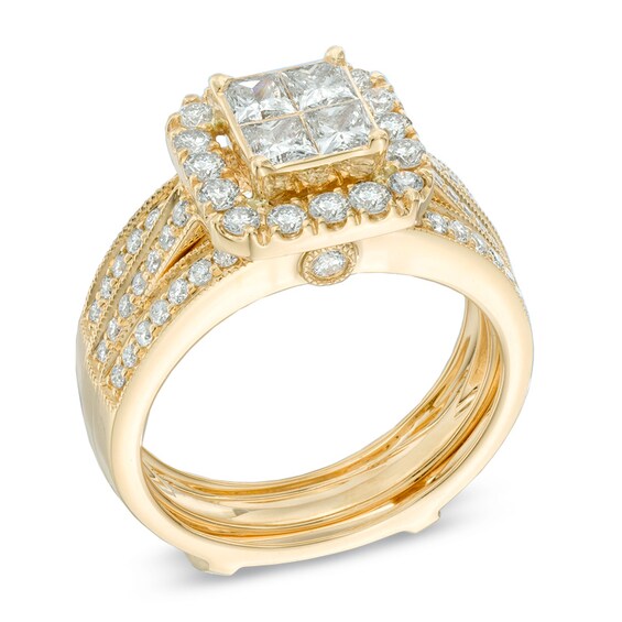 Previously Owned - 1-1/2 CT. T.w. Quad Princess-Cut Diamond Frame Soldered Bridal Set in 14K Gold