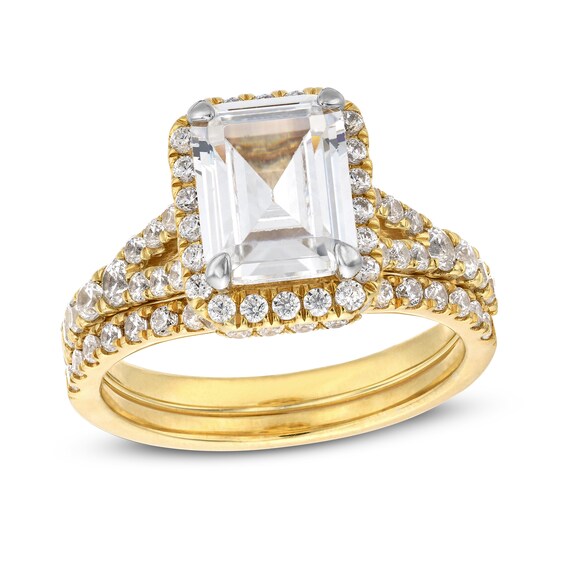 Previously Owned - 3 CT. T.w. Emerald-Cut Lab-Grown Diamond Frame Split Shank Bridal Set in 14K Gold (I/Si2)