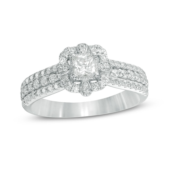 Previously Owned - 1 CT. T.w. Princess-Cut Diamond Frame Multi-Row Vintage-Style Engagement Ring in 14K White Gold