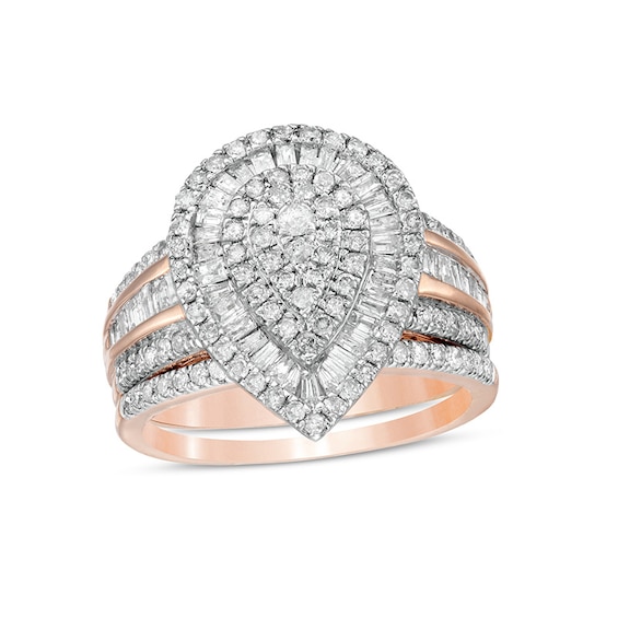 Previously Owned - 1-1/4 CT. T.w. Pear-Shaped Diamond Layered Triple Frame Bridal Set in 10K Rose Gold
