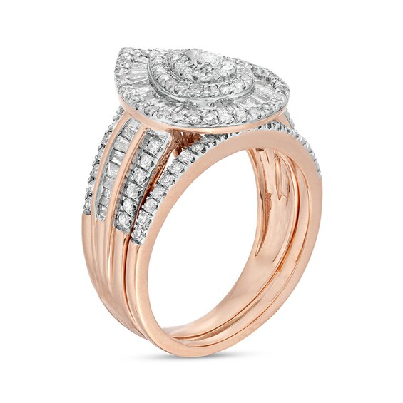 Previously Owned - 1-1/4 CT. T.w. Pear-Shaped Diamond Layered Triple Frame Bridal Set in 10K Rose Gold