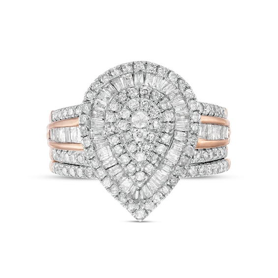 Previously Owned - 1-1/4 CT. T.w. Pear-Shaped Diamond Layered Triple Frame Bridal Set in 10K Rose Gold