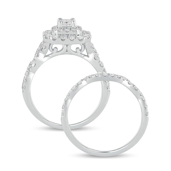 Previously Owned - 1-1/2 CT. T.w. Emerald-Cut Diamond Double Frame Multi-Row Bridal Set in 10K White Gold