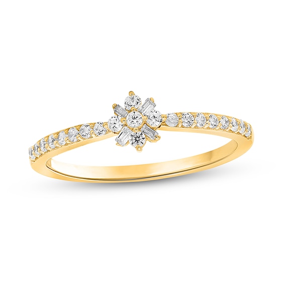 Previously Owned - 1/4 CT. T.w. Baguette and Round Diamond Flower Tapered Shank Ring in 10K Gold - Size 7