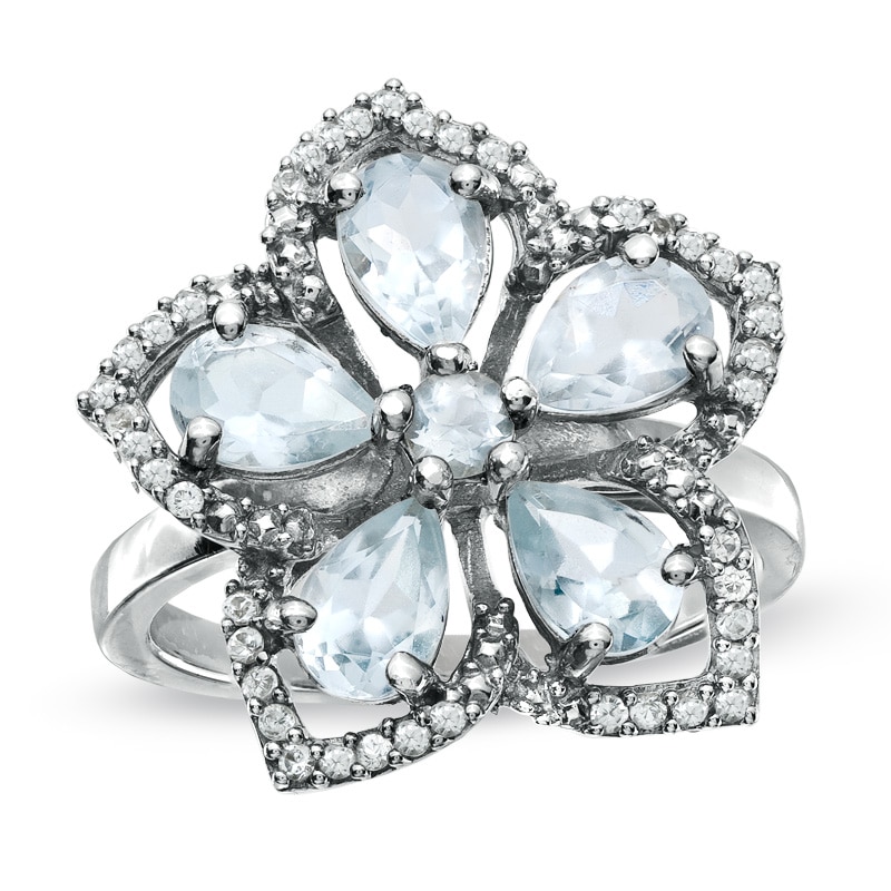 Aquamarine and White Topaz Flower Ring in Sterling Silver