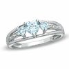 Thumbnail Image 0 of Heart-Shaped Simulated Aquamarine Three Stone and Diamond Accent Ring in Sterling Silver