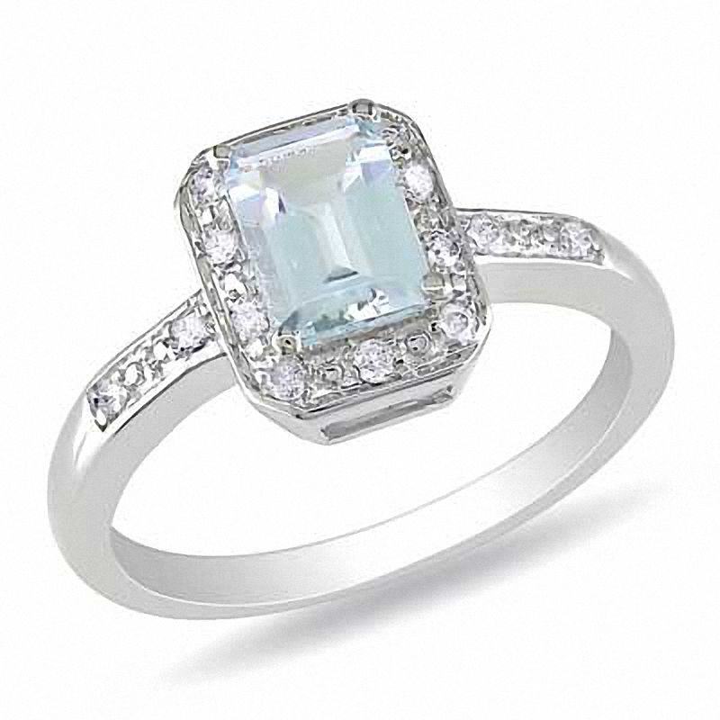 Emerald-Cut Aquamarine and 1/20 CT. T.W. Diamond Promise Ring in Sterling Silver