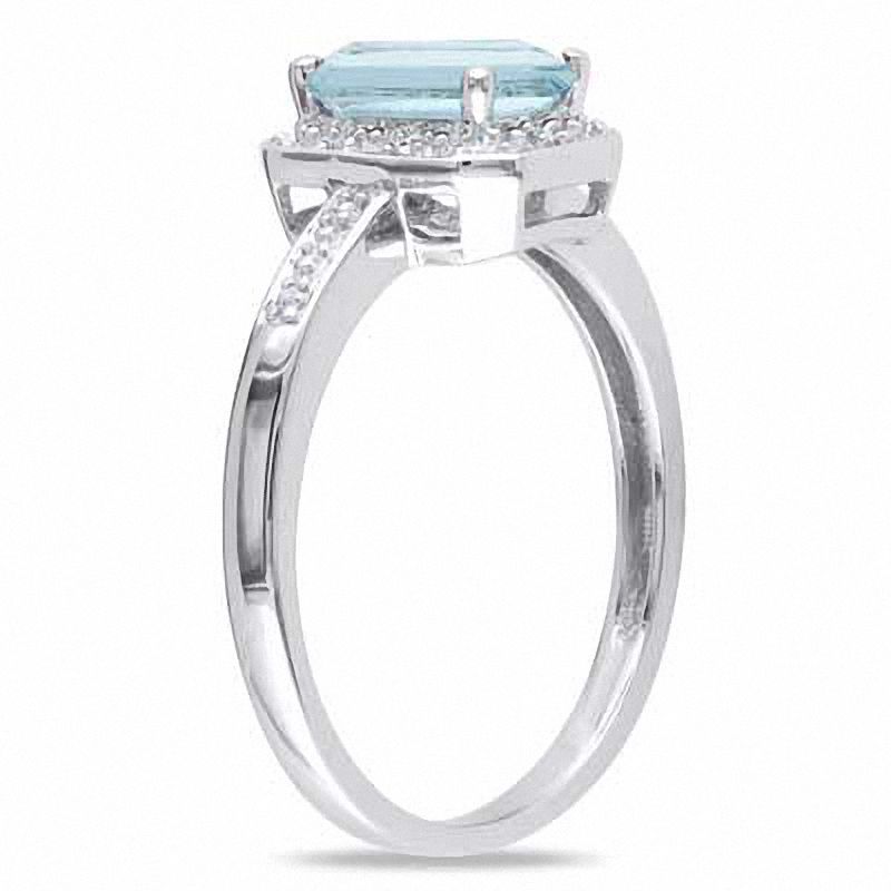 Emerald-Cut Aquamarine and 1/20 CT. T.W. Diamond Promise Ring in Sterling Silver