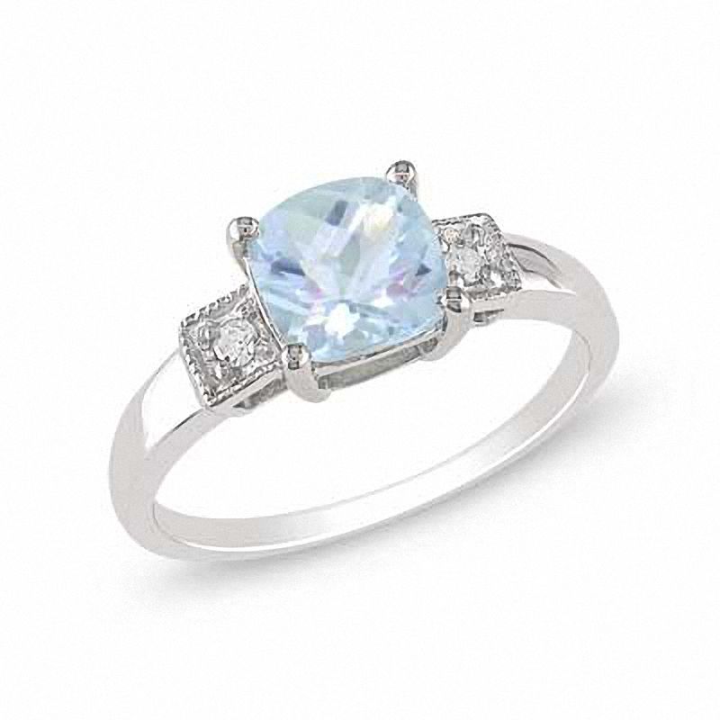 6.0mm Cushion-Cut Aquamarine and 1/20 CT. T.W. Diamond Promise Ring in Sterling Silver