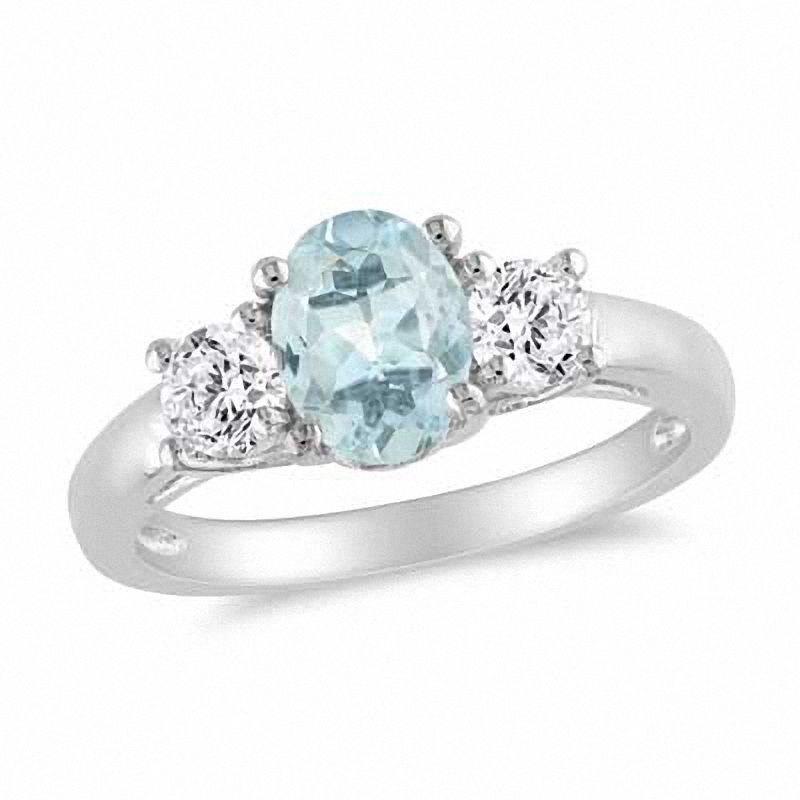 Simulated Aquamarine and Lab-Created White Sapphire Three Stone Ring in Sterling Silver