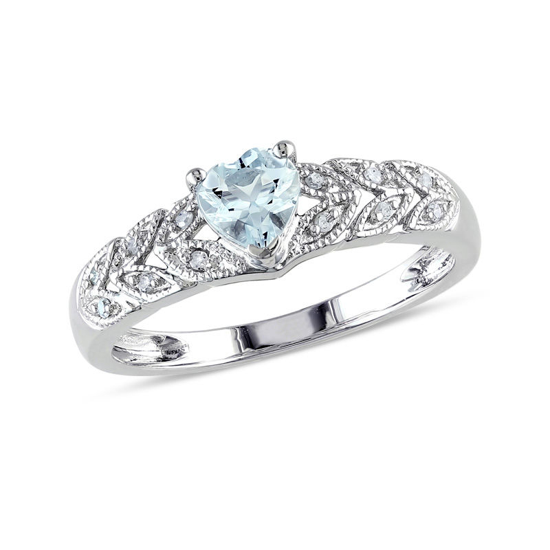 Heart-Shaped Aquamarine and 1/20 CT. T.W. Diamond Leaf-Shank Promise Ring in Sterling Silver