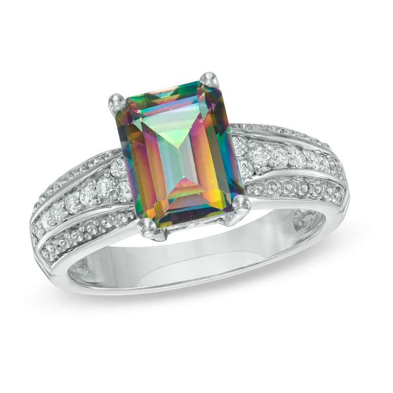 Emerald-Cut Mystic Fire® Topaz and 1/6 CT. T.W. Diamond Ring in 10K White Gold