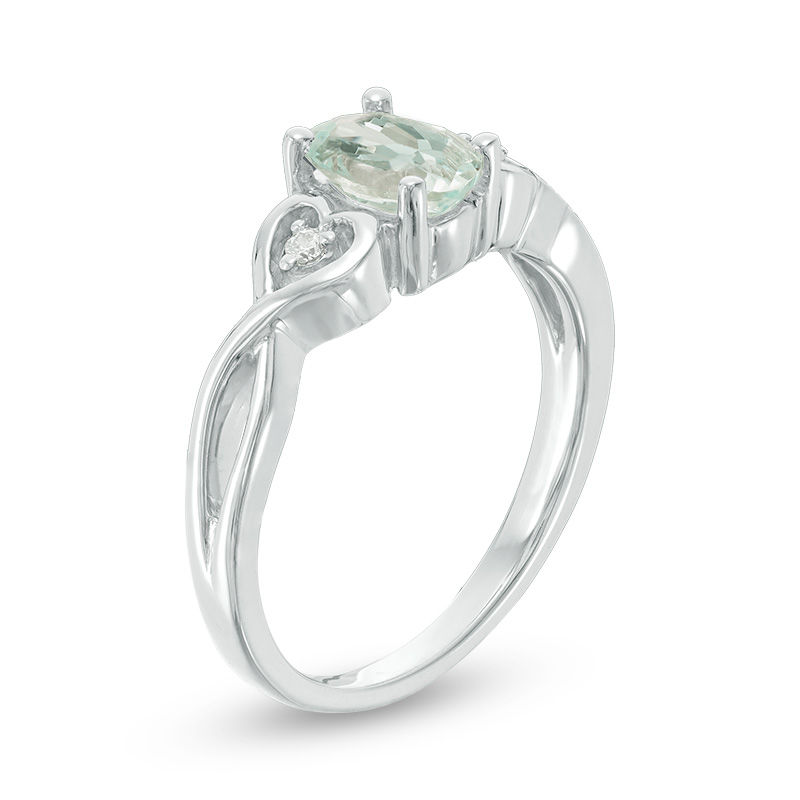 Oval Aquamarine and Diamond Accent Heart Sides Promise Ring in Sterling Silver