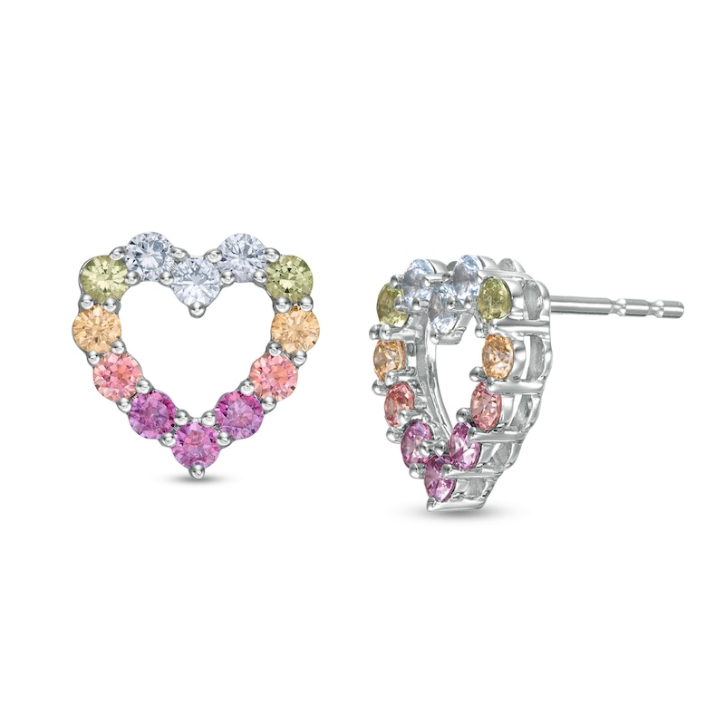 Simulated Light Multi-Color Sapphire Heart Outline Stud Earrings in Sterling Silver