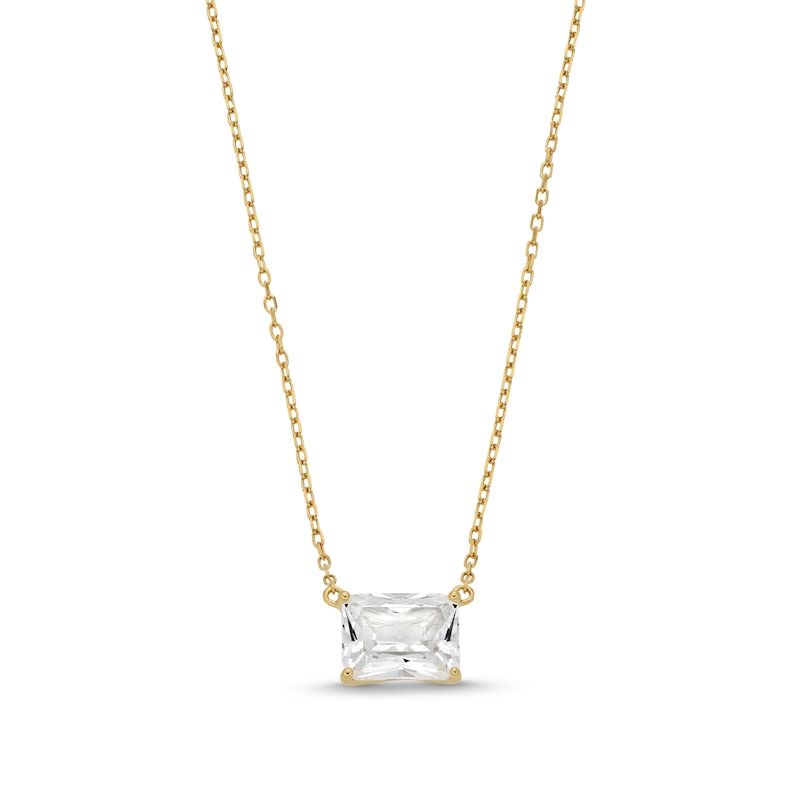 Radiant-Cut White Lab-Created Sapphire Sideways Solitaire Necklace in Sterling Silver with 18K Gold Plate - 20"
